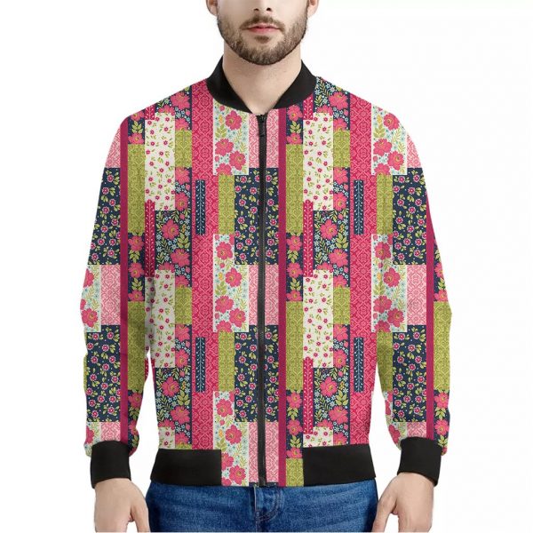 Pink Flower Patchwork Pattern Print Bomber Jacket