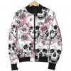 Pink Flowers Skull Pattern Print Bomber Jacket