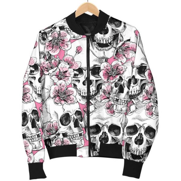 Pink Flowers Skull Pattern Print Bomber Jacket