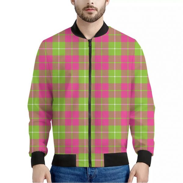 Pink Green And White Tartan Print Bomber Jacket