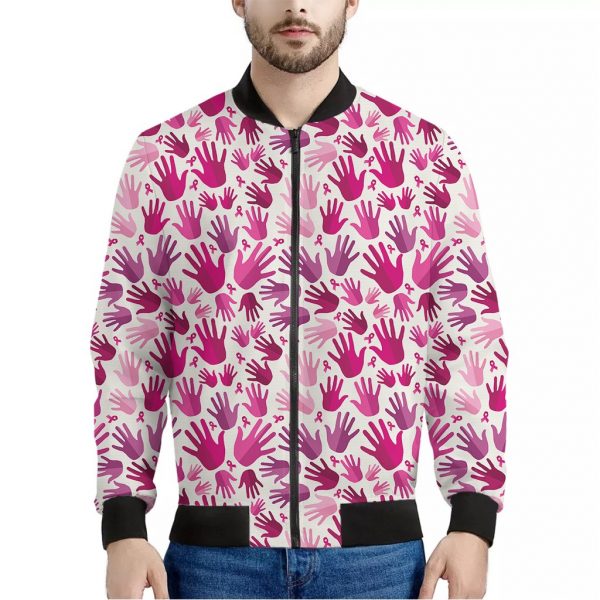 Pink Hand Breast Cancer Pattern Print Bomber Jacket