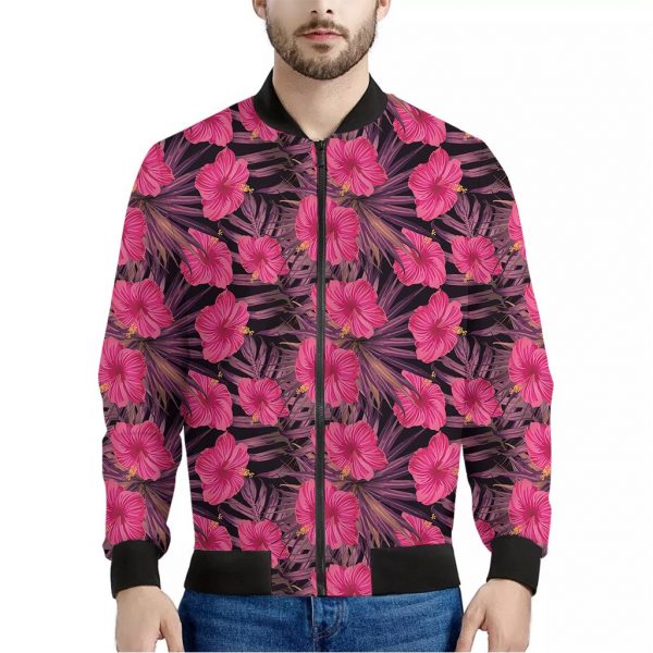 Pink Hawaiian Hibiscus Pattern Print Bomber Jacket