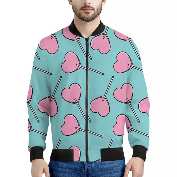 Pink Heart Lollipop Pattern Print Bomber Jacket