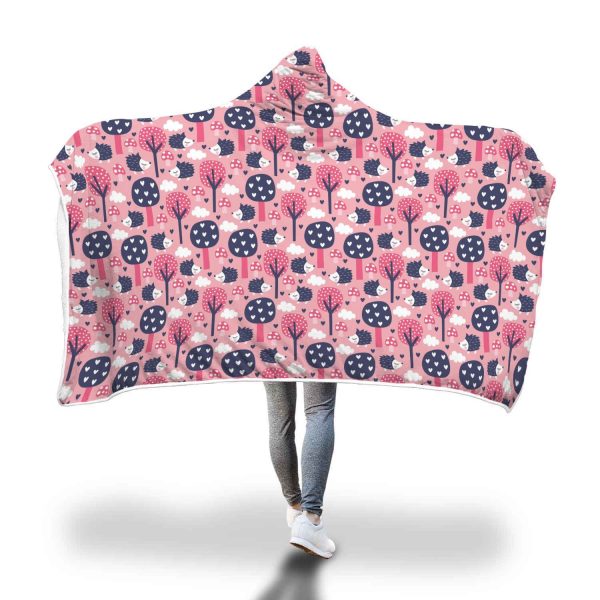 Pink Mushroom Three Hedgehogs Pattern Print Hooded Blanket Cloak Blanket