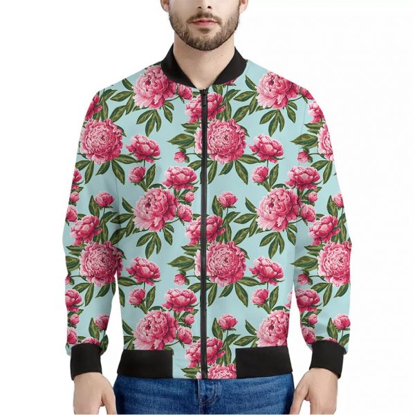 Pink Peony Pattern Print Bomber Jacket