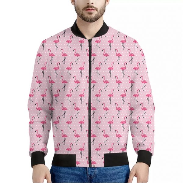 Pink Polka Dot Flamingo Pattern Print Bomber Jacket