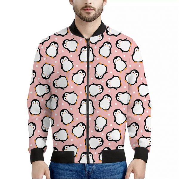 Pink Polka Dot Penguin Pattern Print Bomber Jacket