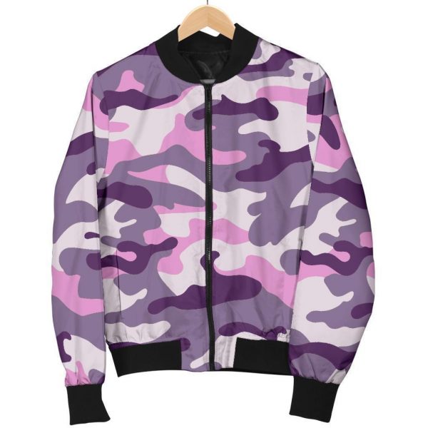 Pink Purple And Grey Camouflage Print Bomber Jacket