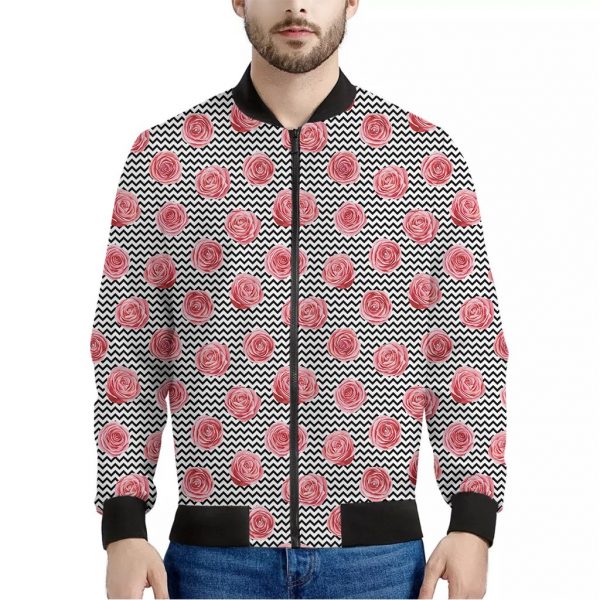 Pink Rose Zigzag Pattern Print Bomber Jacket