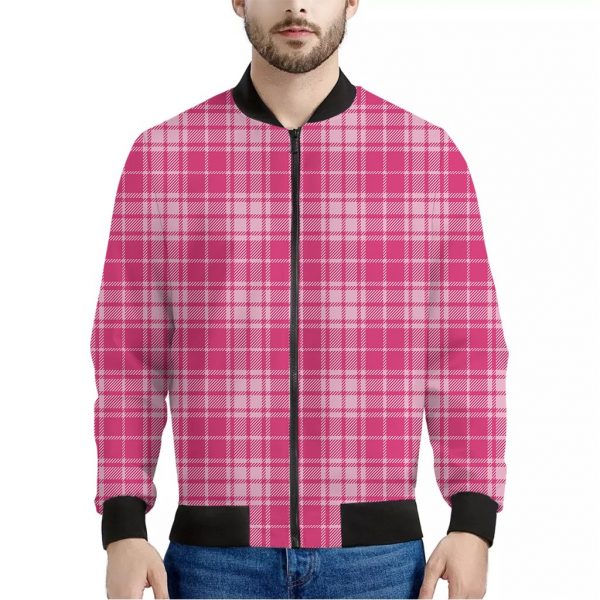 Pink Tartan Pattern Print Bomber Jacket