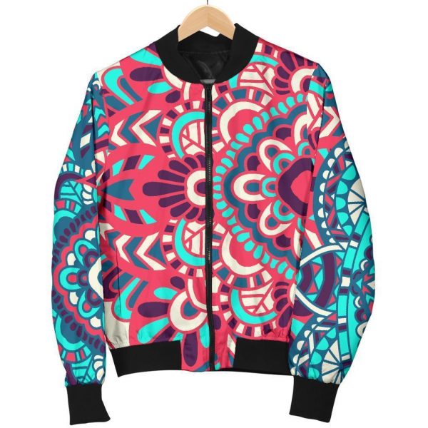 Pink Teal Bohemian Mandala Pattern Print Bomber Jacket