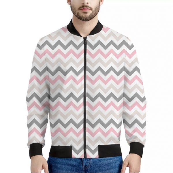 Pink White And Grey Chevron Print Bomber Jacket
