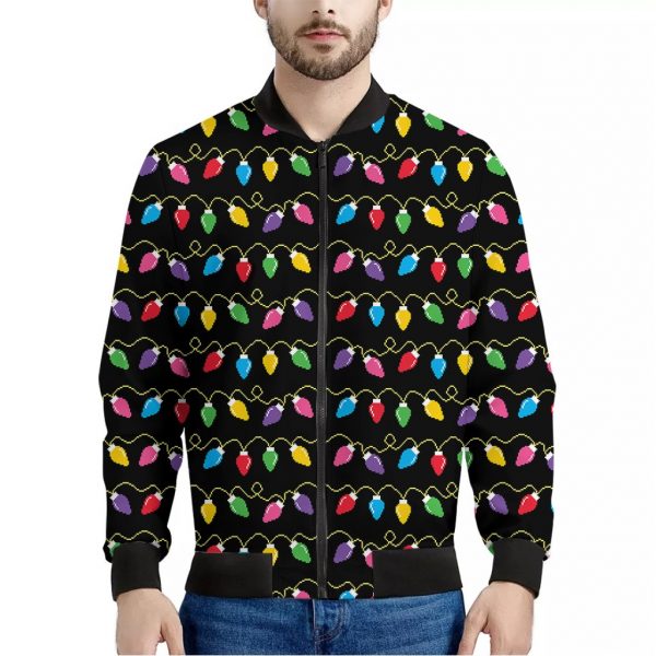 Pixel Christmas Lights Print Bomber Jacket