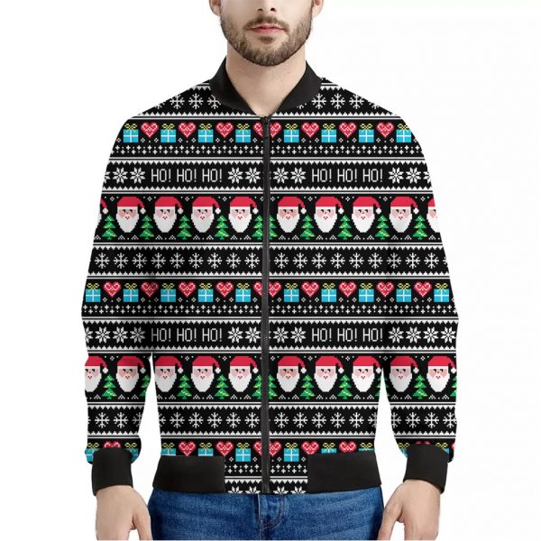 Pixel Christmas Santa Claus Print Bomber Jacket