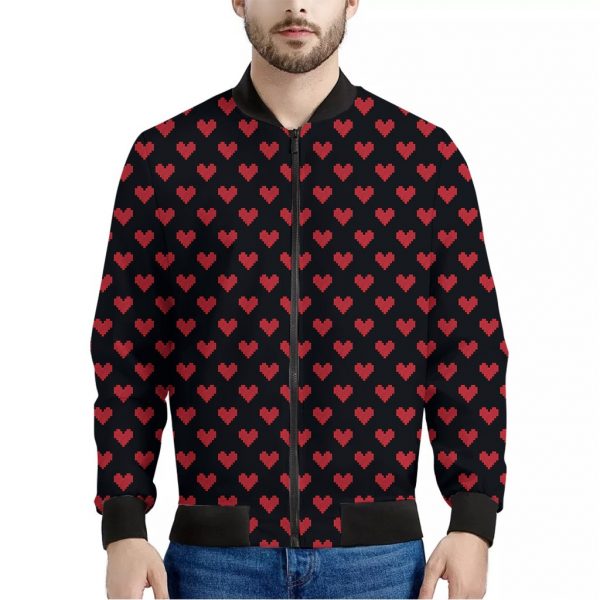 Pixel Heart Pattern Print Bomber Jacket