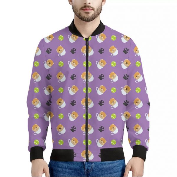 Pomeranian In Tea Cup Pattern Print Bomber Jacket