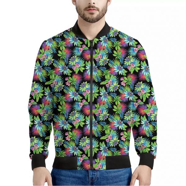 Psychedelic Hawaiian Flower Print Bomber Jacket