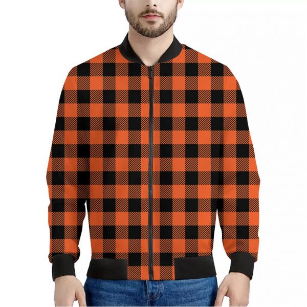 Pumpkin Orange Buffalo Check Print Bomber Jacket