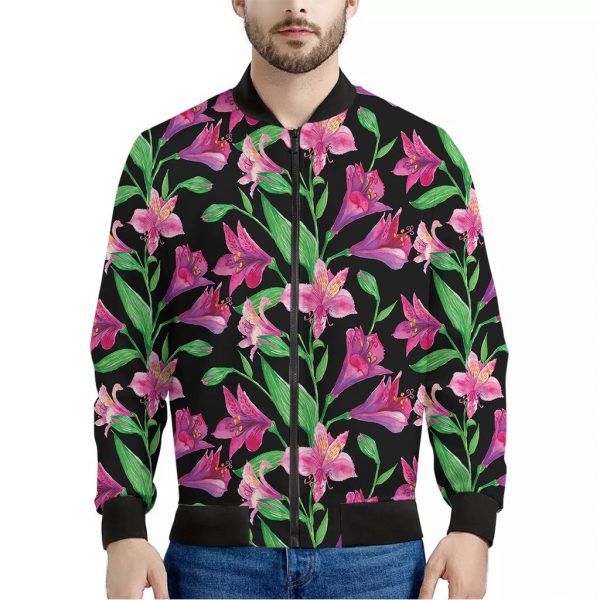 Purple Alstroemeria Pattern Print Bomber Jacket