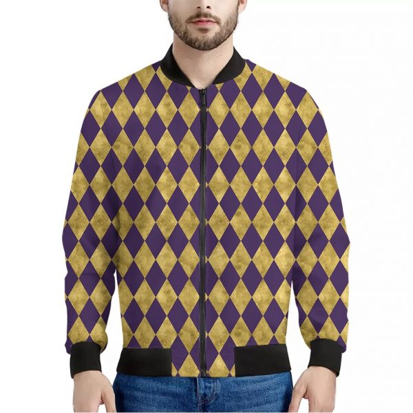 Purple And Gold Harlequin Pattern Print Bomber Jacket