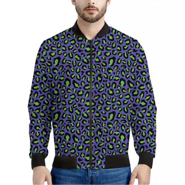 Purple And Green Leopard Pattern Print Bomber Jacket