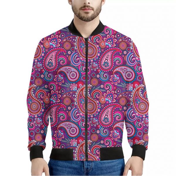 Purple And Pink Paisley Pattern Print Bomber Jacket