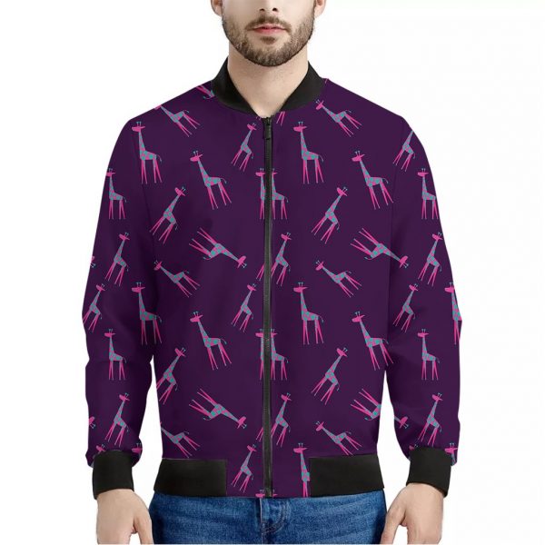 Purple And Teal Giraffe Pattern Print Bomber Jacket
