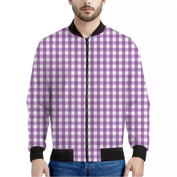 Purple And White Check Pattern Print Bomber Jacket