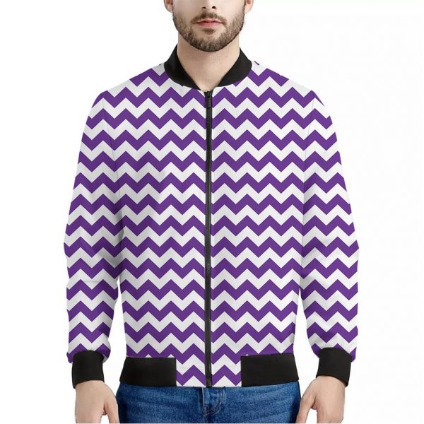 Purple And White Chevron Pattern Print Bomber Jacket