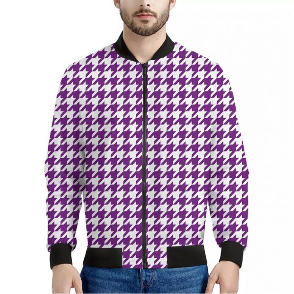 Purple And White Houndstooth Print Bomber Jacket