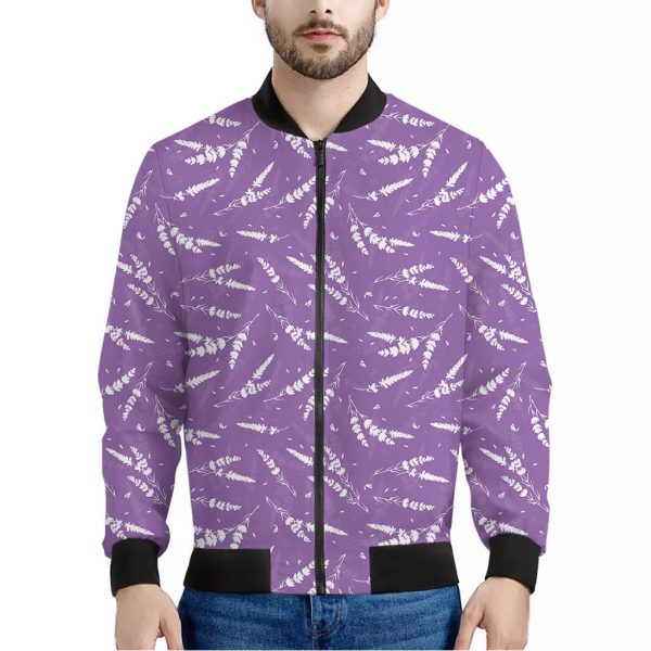 Purple And White Lavender Pattern Print Bomber Jacket