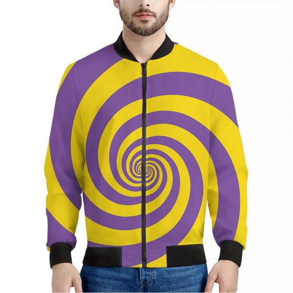 Purple And Yellow Spiral Illusion Print Bomber Jacket