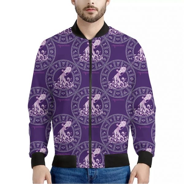 Purple Aquarius Zodiac Pattern Print Bomber Jacket