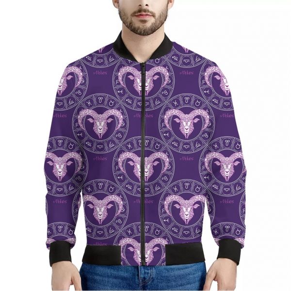 Purple Aries Zodiac Pattern Print Bomber Jacket