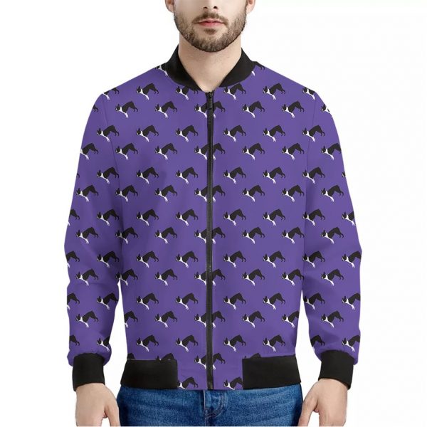 Purple Boston Terrier Pattern Print Bomber Jacket