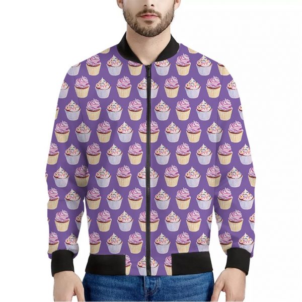 Purple Cupcake Pattern Print Bomber Jacket