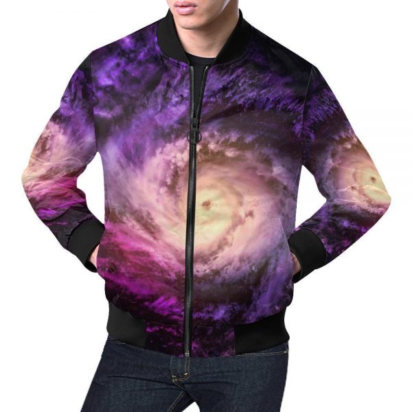 Purple Galaxy Space Spiral Cloud Print Bomber Jacket
