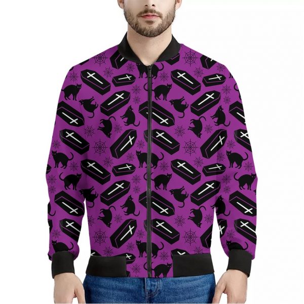 Purple Halloween Coffin Pattern Print Bomber Jacket