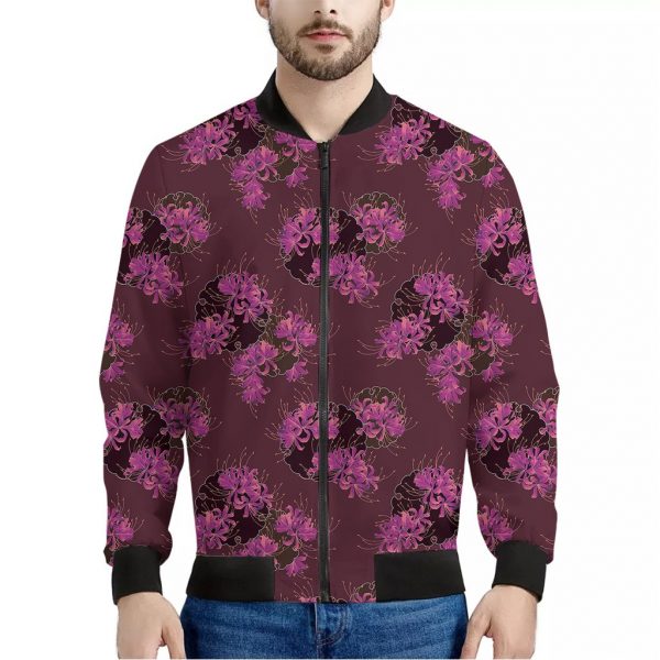 Purple Japanese Amaryllis Pattern Print Bomber Jacket