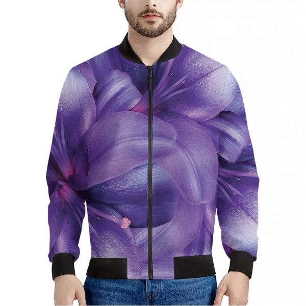 Purple Lily Flower Print Bomber Jacket