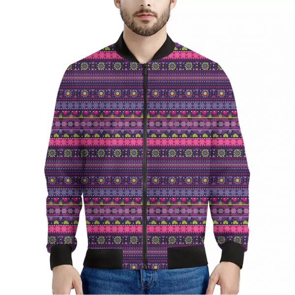 Purple Native Tribal Pattern Print Bomber Jacket