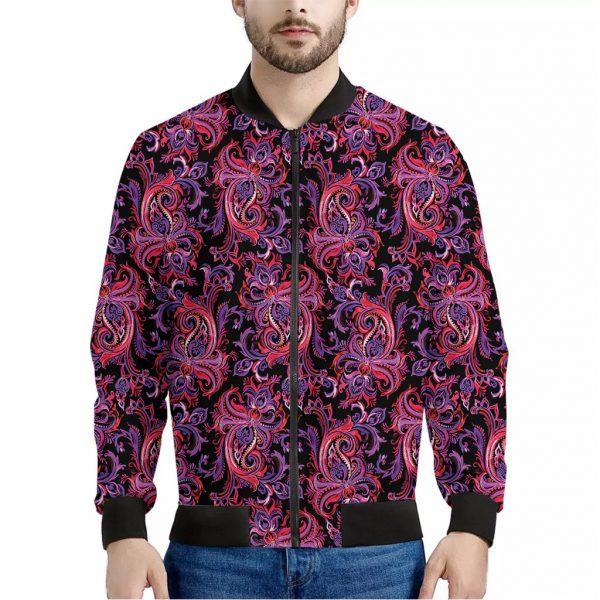 Purple Paisley Pattern Print Bomber Jacket
