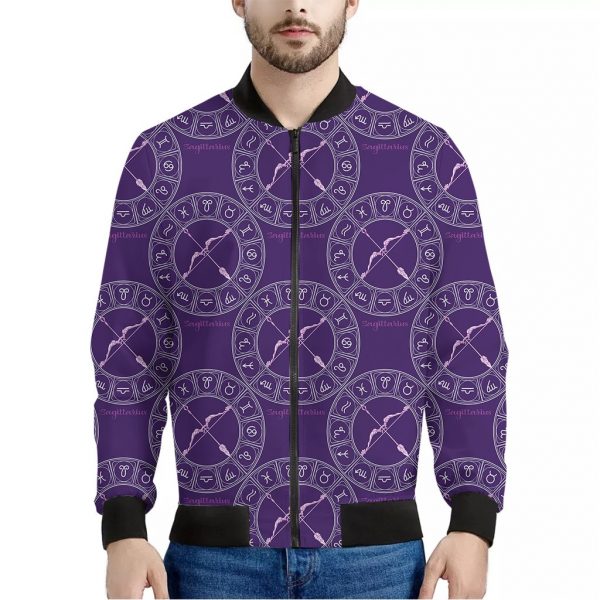 Purple Sagittarius Zodiac Pattern Print Bomber Jacket
