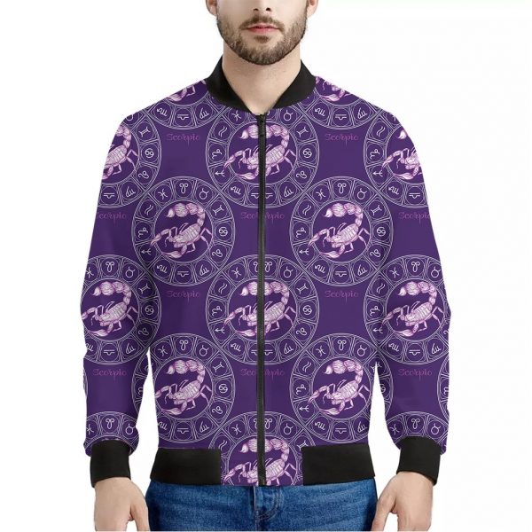 Purple Scorpio Zodiac Pattern Print Bomber Jacket