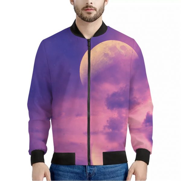 Purple Sky And Full Moon Print Bomber Jacket