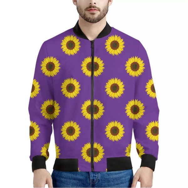 Purple Sunflower Pattern Print Bomber Jacket