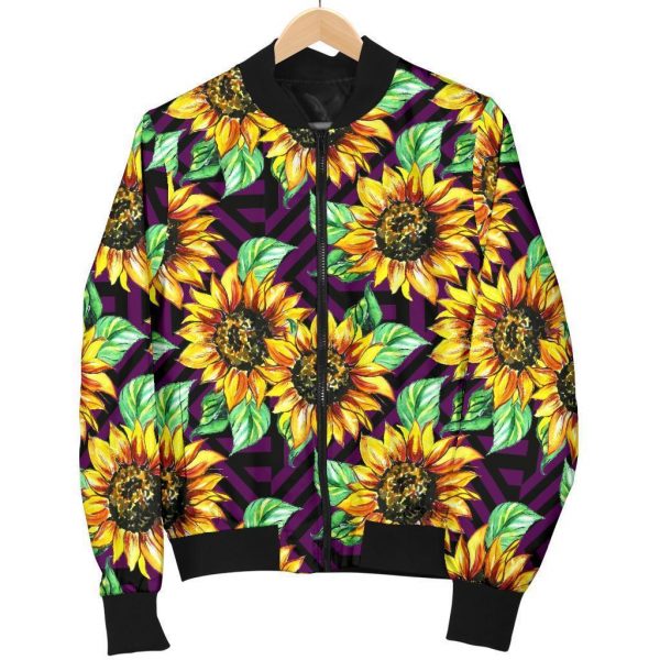 Purple Trippy Sunflower Pattern Print Bomber Jacket