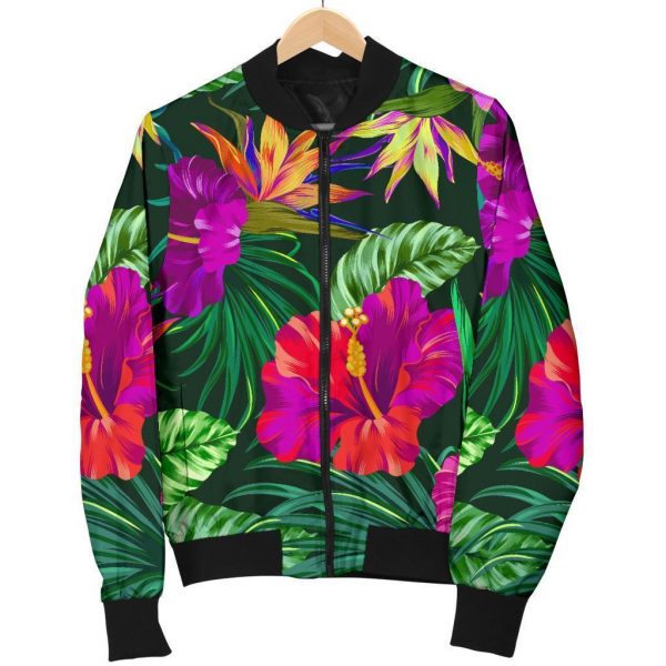 Purple Tropical Pattern Print Bomber Jacket