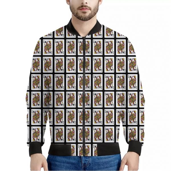 Queen Of Clubs Playing Card Pattern Print Bomber Jacket