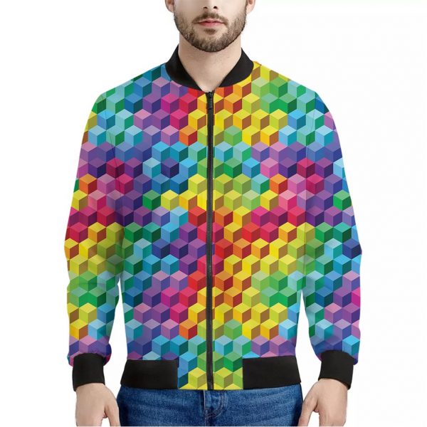 Rainbow Cubes Pattern Print Bomber Jacket